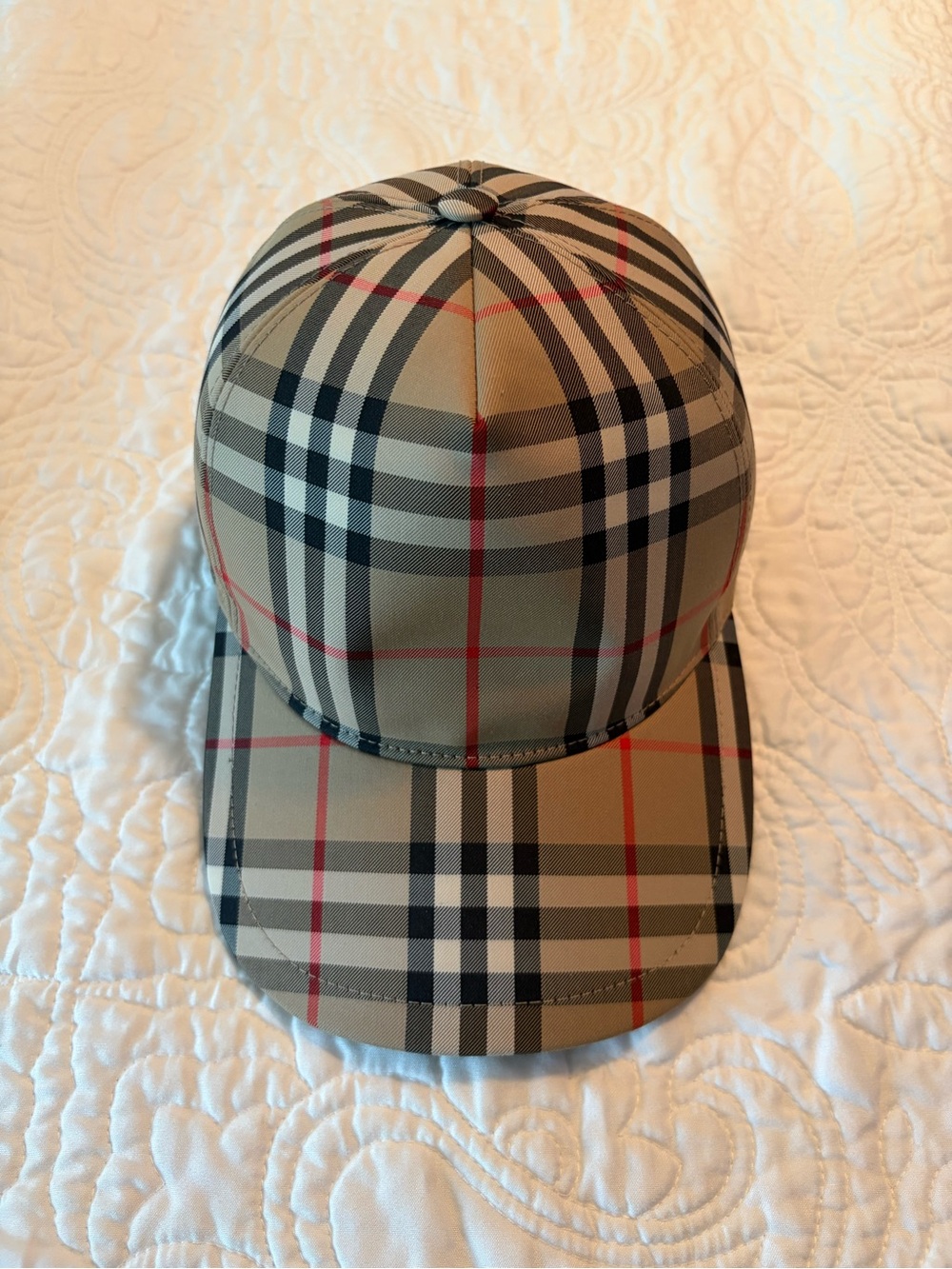 Burberry Like  Tan, Black and Cream Tartan Trucker Cap with Red Detail